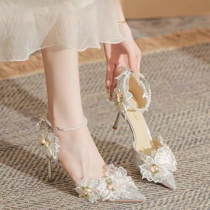 Women's & ' Korean-Style Stiletto Heels - Elegant & Lace Accent Pointed-Toe High Heels, Cushioned Insole & PU, All-Day for Weddings, Parties, Performances - Korean Fashion Pumps (Year-Round Wear)