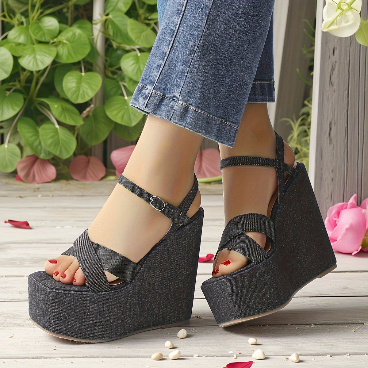 New Summer Trendy Fashion Open-Toe Women'S Wedge Sandals, Featuring a Solid Color Design with a Thick Platform And Base, Comfortable And Versatile High-Heeled Sandals That Add Height.