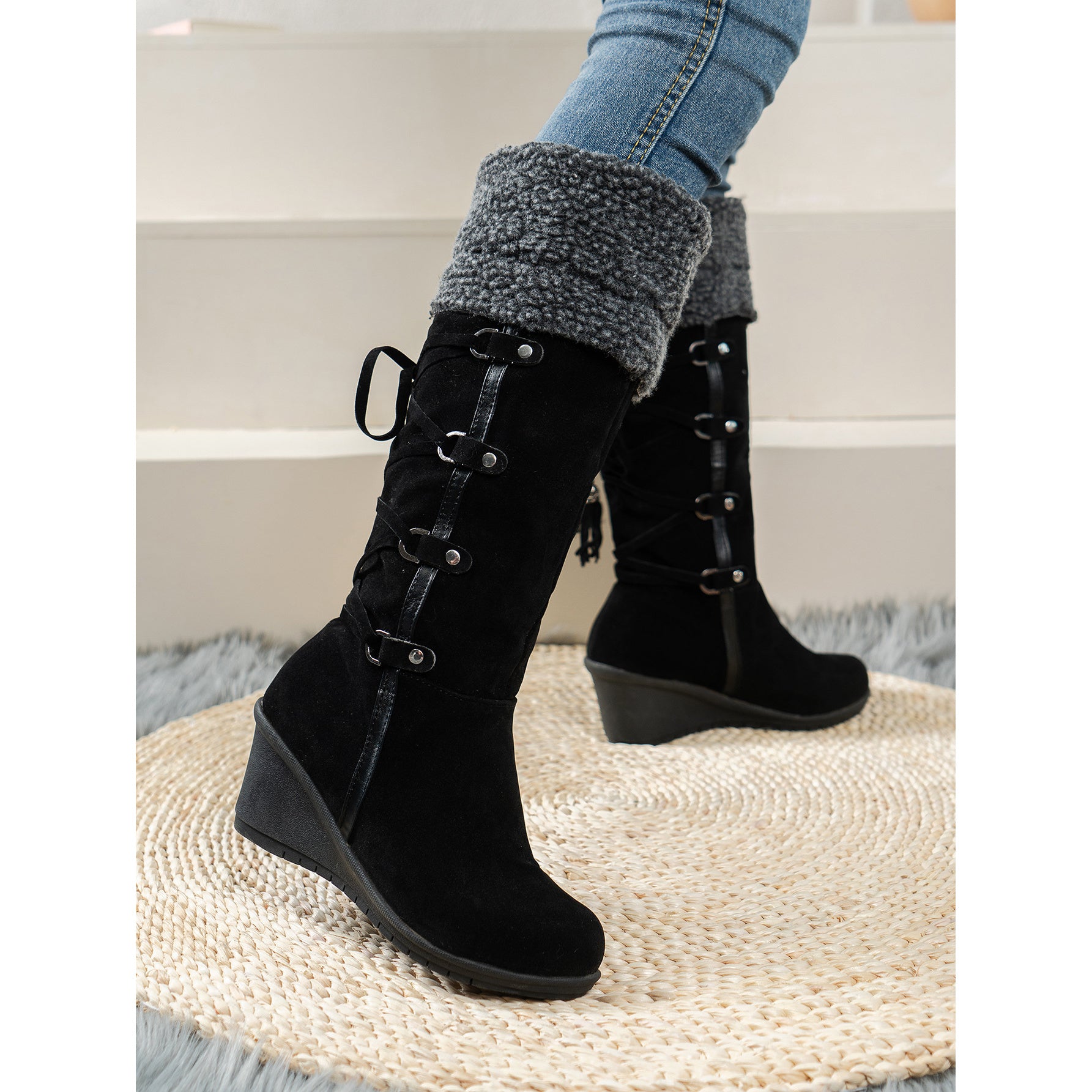 Women'S Fleece-Lined Knee-High Winter Boots with Wedge Heel - Warm Thermal Insulation, Round Toe & Chunky Heel, Slip-Resistant PVC Sole, Soft Fabric Upper & Cushioned Insole - Cozy Casual & Formal Footwear for Cold Weather (Brown