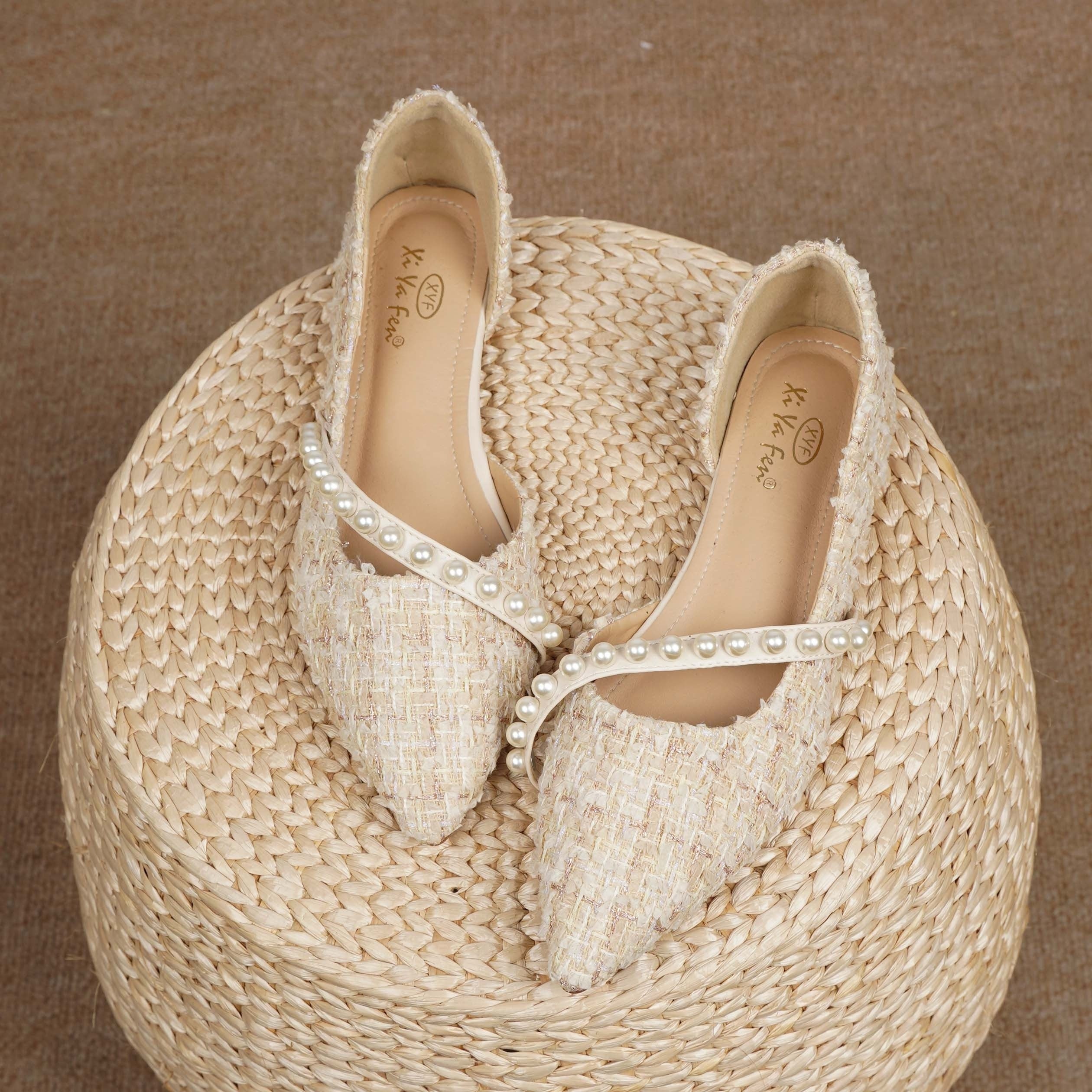 Faux Pearl Decor Flat Shoes Elegant Lightweight Women's Faux Pearl Decor Flat Shoes - Comfortable Point Toe Slip On Shoes