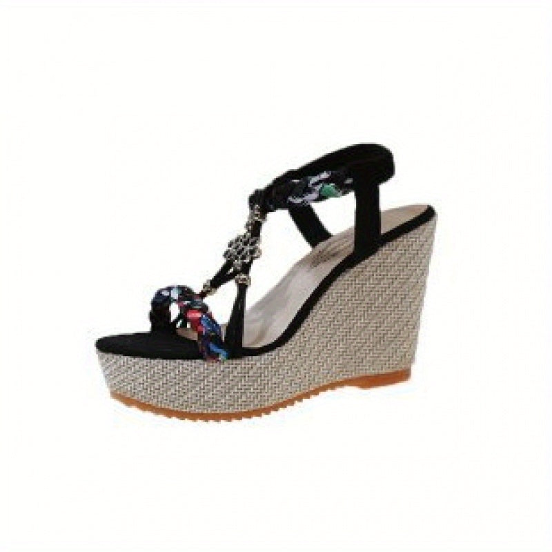 Women'S Bohemian Floral Wedge Sandals - Open-Toe Thick Sole High Heel with Rhinestone Embellishments, Beige & Brown Braided Straps, Summer Casual & Formal Wear, Plus Size Available, High Heel Sandals, Formal Footwear, Decorative Embellishments