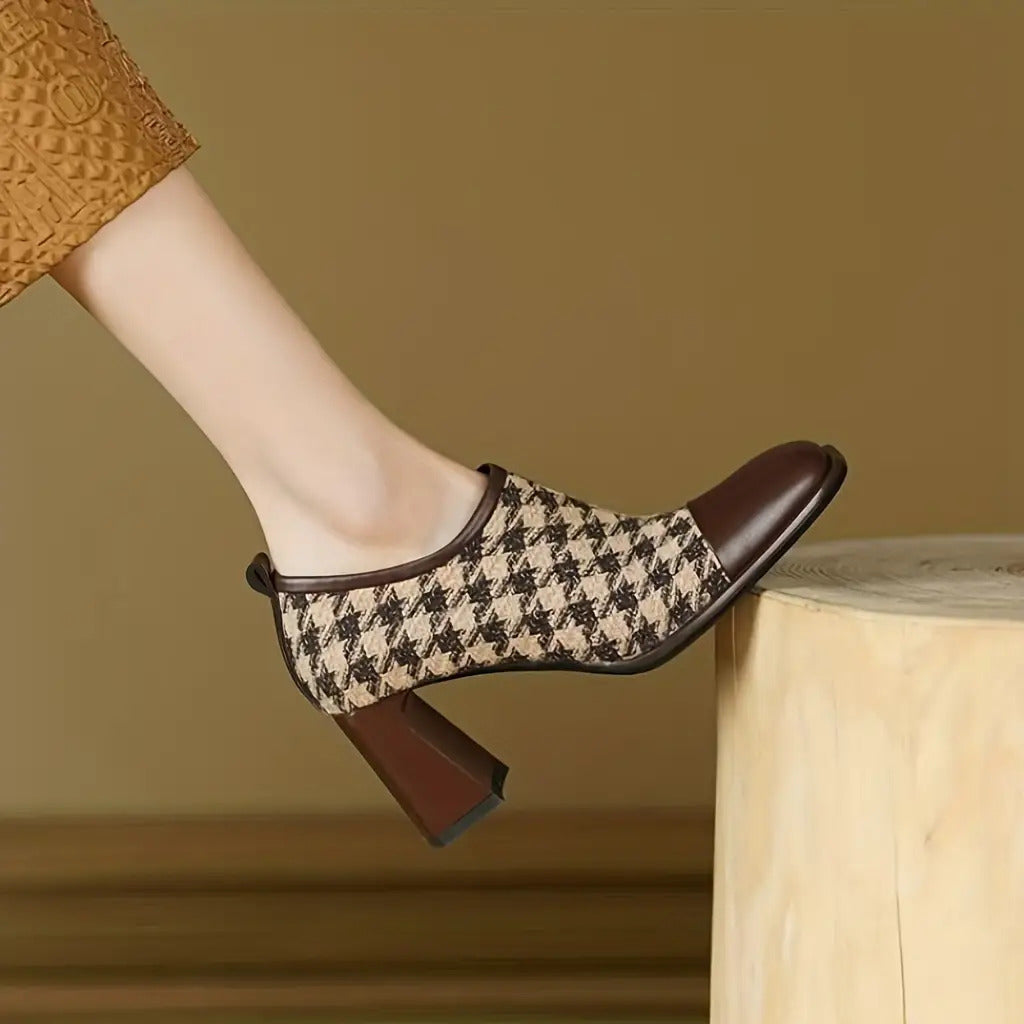 Women's Houndstooth Oxford Pumps - White\Black\Brown\Beige Mary Jane Shoes with Square Toe Block Heel, Cloud Insole & Golden-Like Accent - All-Season Office, Party, Wedding s (Zip Closure, Round-to-Square Heel)