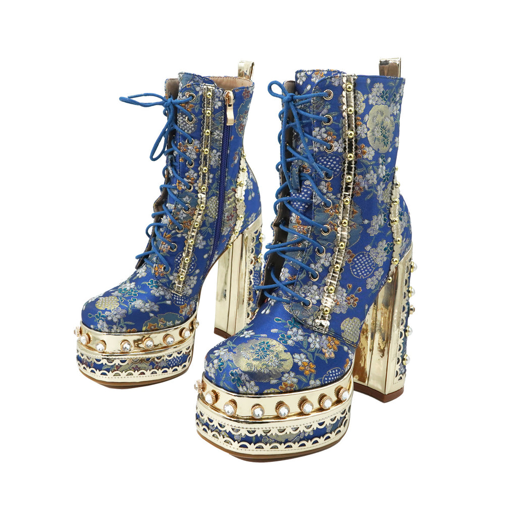 Women's Floral Fabric Thick Platform High Heel Ankle Boots with Square Toe, Zipper Closure & PU Sole - Blue & Golden Luxury Fashion Boots for Parties, Events, High Heel Boots, Party Footwear, Durable Construction, Stylish Women