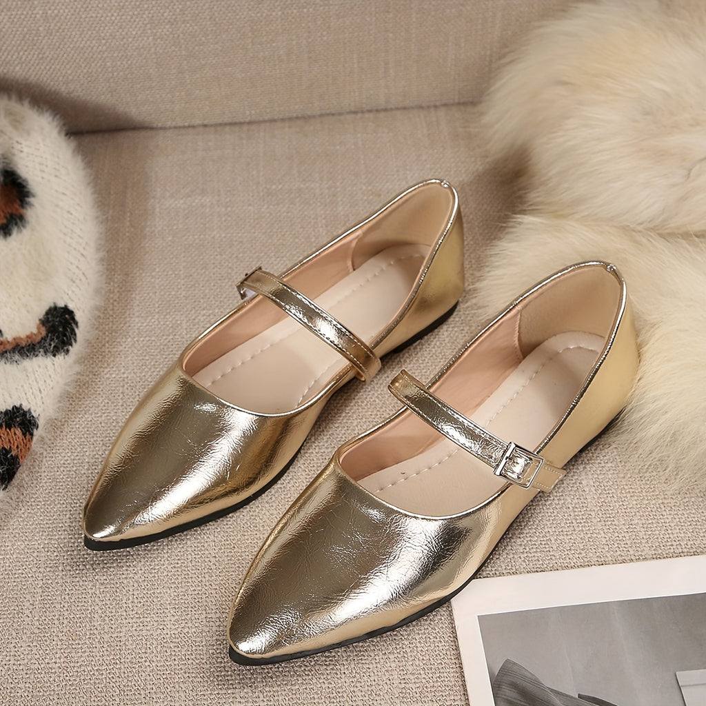 Women's Metallic Golden Pointed-Toe Flats - Elegant Synthetic Cover Shoes with Soft Rubber Sole, Ankle Strap for Dresses & Casual Wear, Dressy Occasion Shoes | Sleek Metallic Finish | Rubber Sole Footwear, Ladies Shoes