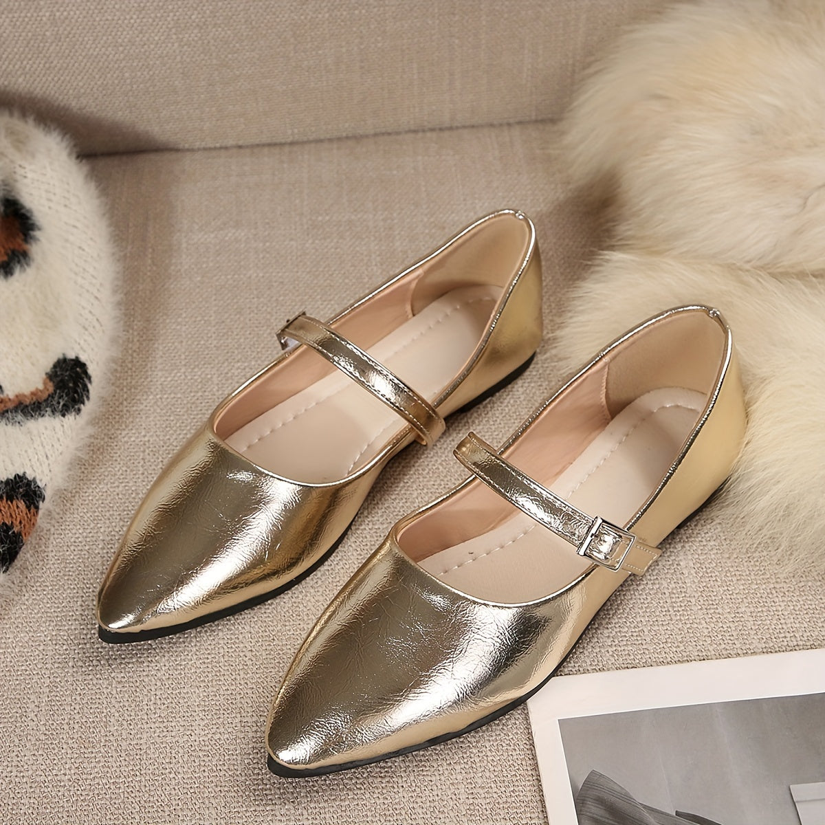 Women's Metallic Golden Pointed-Toe Flats - Elegant Synthetic Cover Shoes with Soft Rubber Sole, Ankle Strap for Dresses & Casual Wear, Dressy Occasion Shoes | Sleek Metallic Finish | Rubber Sole Footwear, Ladies Shoes