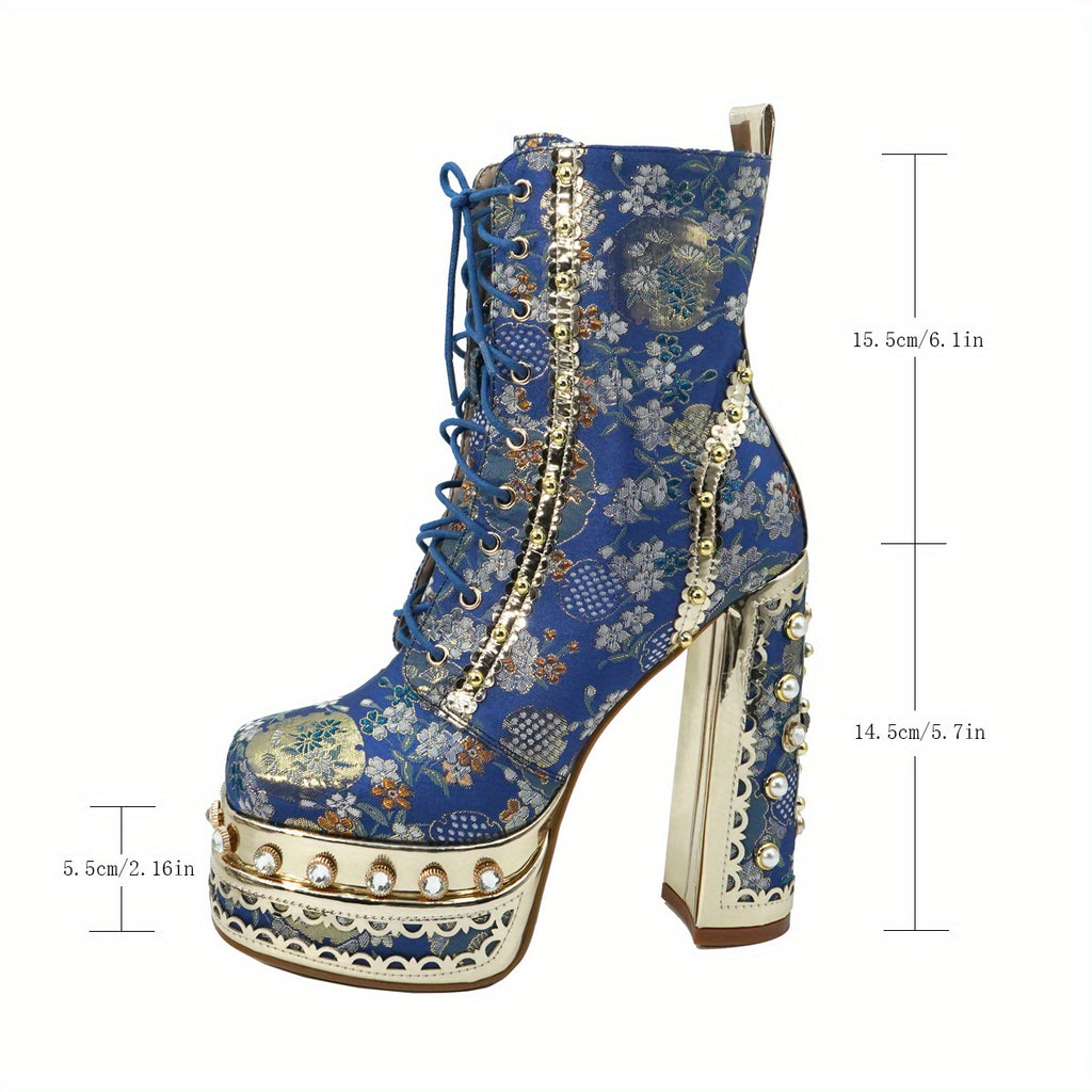 Women's Floral Fabric Thick Platform High Heel Ankle Boots with Square Toe, Zipper Closure & PU Sole - Blue & Golden Luxury Fashion Boots for Parties, Events, High Heel Boots, Party Footwear, Durable Construction, Stylish Women