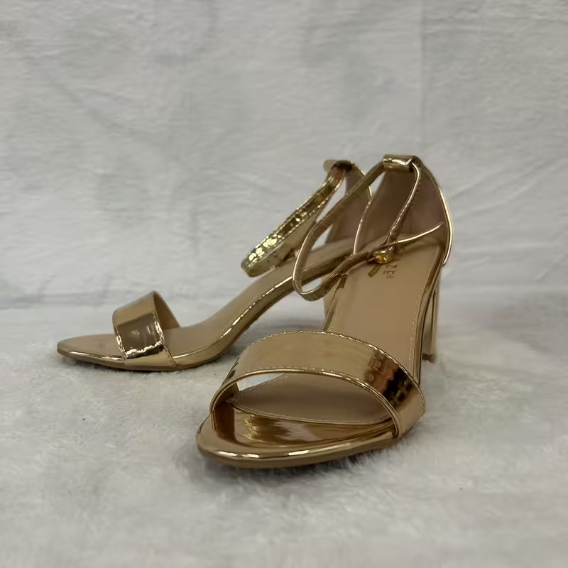 Women's Rose Golden Adjustable Buckle Ankle Strap Open Toe Chunky Heel Sandals - Soft PU Cover Comfort, All-Season Versatile Dressy & Casual Footwear