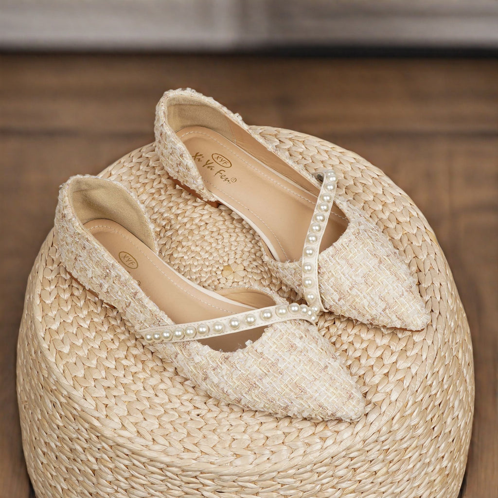 Faux Pearl Decor Flat Shoes Elegant Lightweight Women's Faux Pearl Decor Flat Shoes - Comfortable Point Toe Slip On Shoes