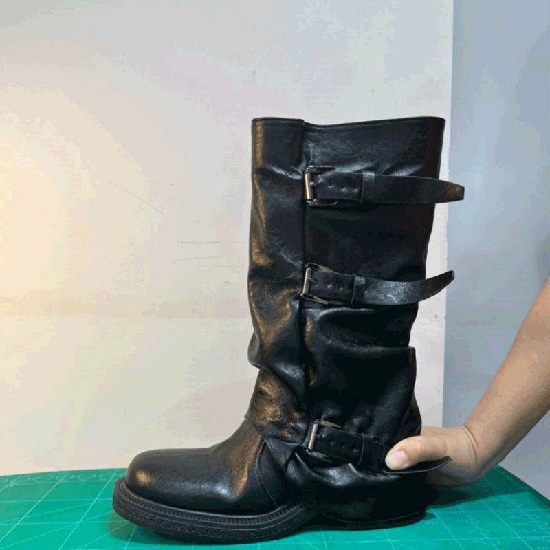 Platform Boots for Women | Autumn Niche Design, Belt Buckle Western Boots, Wrinkled Mid-Calf Slouch Boots, Genuine Faux Leather, Toe, Block Heel, Slip-on Closure