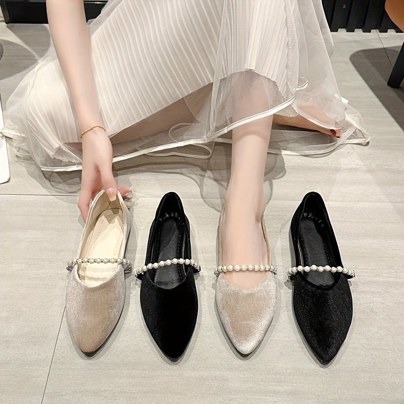 Women'S Elegant Pointed Toe Flats with Pearl Embellishments - Comfortable Fabric Slip-On Shoes for Office, Parties, and Formal Events, Office Shoes | Elegant Footwear | Comfortable Shoes
