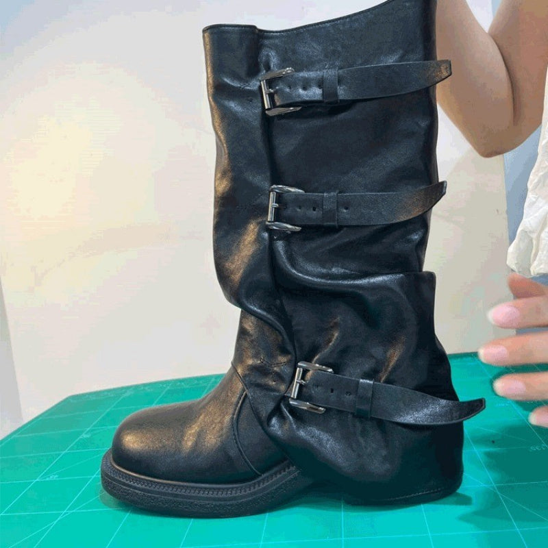 Platform Boots for Women | Autumn Niche Design, Belt Buckle Western Boots, Wrinkled Mid-Calf Slouch Boots, Genuine Faux Leather, Toe, Block Heel, Slip-on Closure