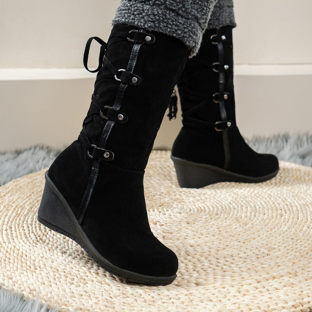 Women'S Fleece-Lined Knee-High Winter Boots with Wedge Heel - Warm Thermal Insulation, Round Toe & Chunky Heel, Slip-Resistant PVC Sole, Soft Fabric Upper & Cushioned Insole - Cozy Casual & Formal Footwear for Cold Weather (Brown