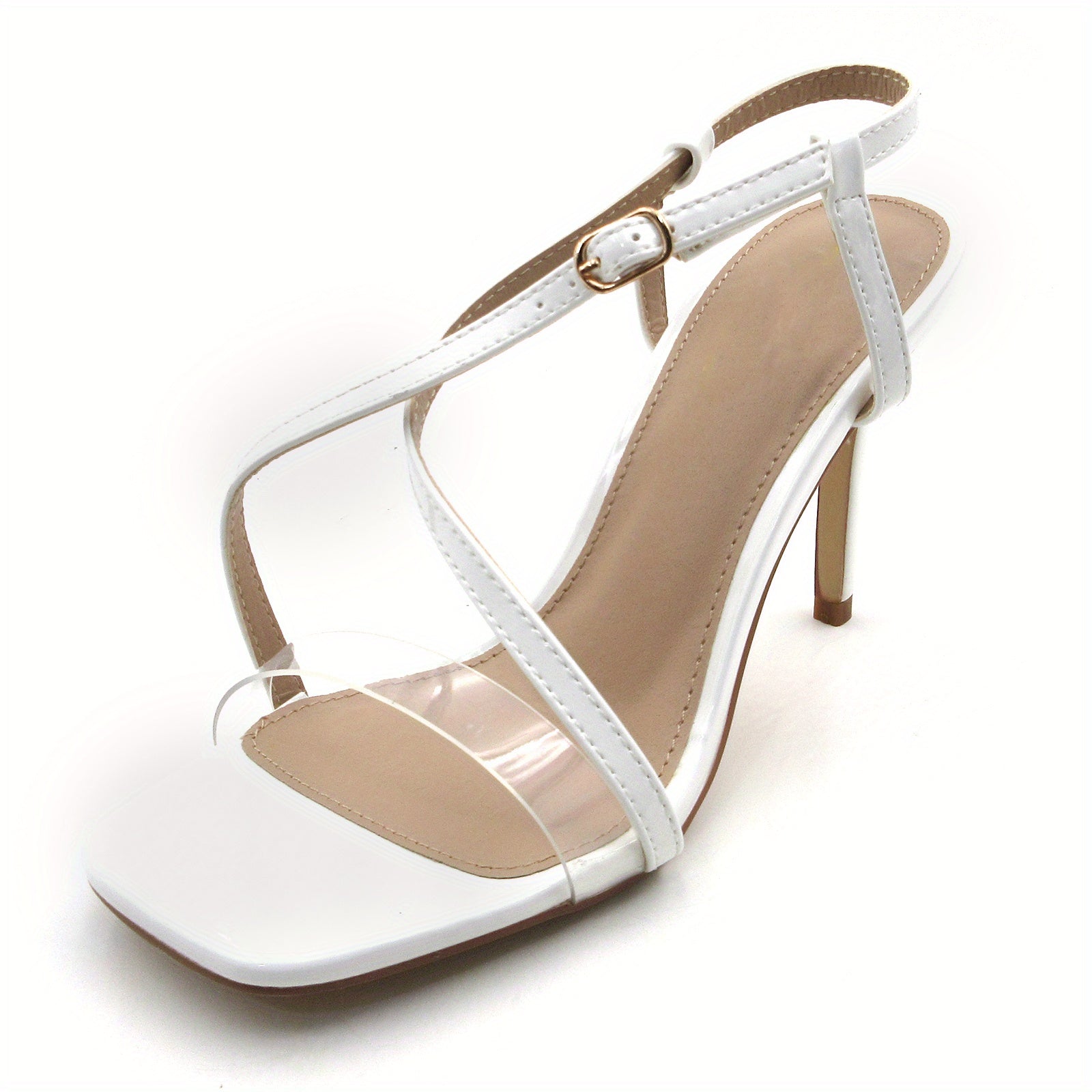 4 Inch Stiletto Slingback Sandals - Square Toe Ankle Strap High Heels with Buckle Closure, Glossy PVC\u002FPU Synthetic Cover Elegant Wedding\u002FProm\u002FDating Shoes for Summer, Durable Rubber Sole