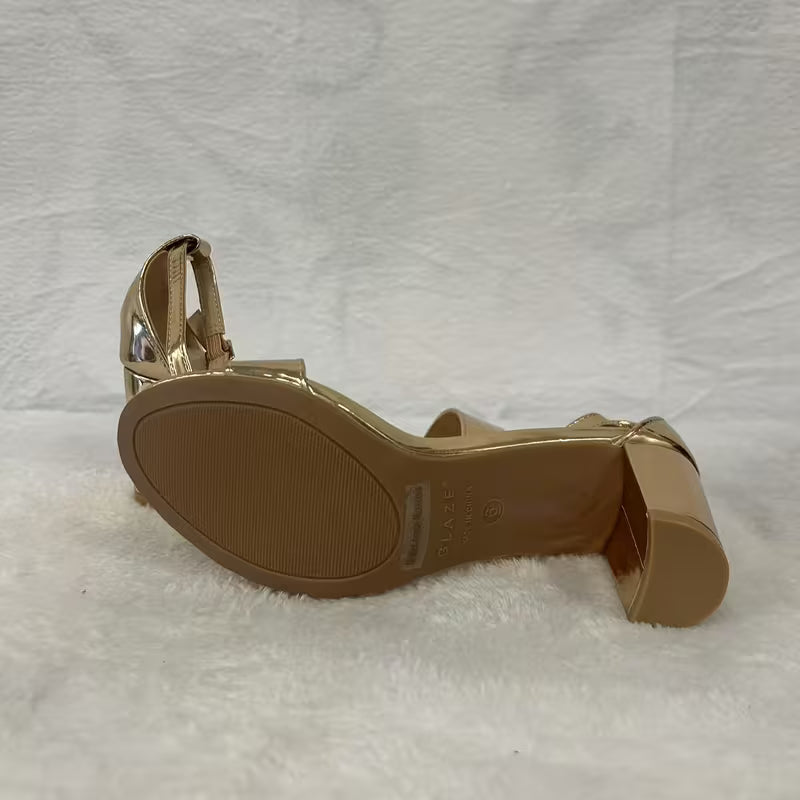 Women's Rose Golden Adjustable Buckle Ankle Strap Open Toe Chunky Heel Sandals - Soft PU Cover Comfort, All-Season Versatile Dressy & Casual Footwear