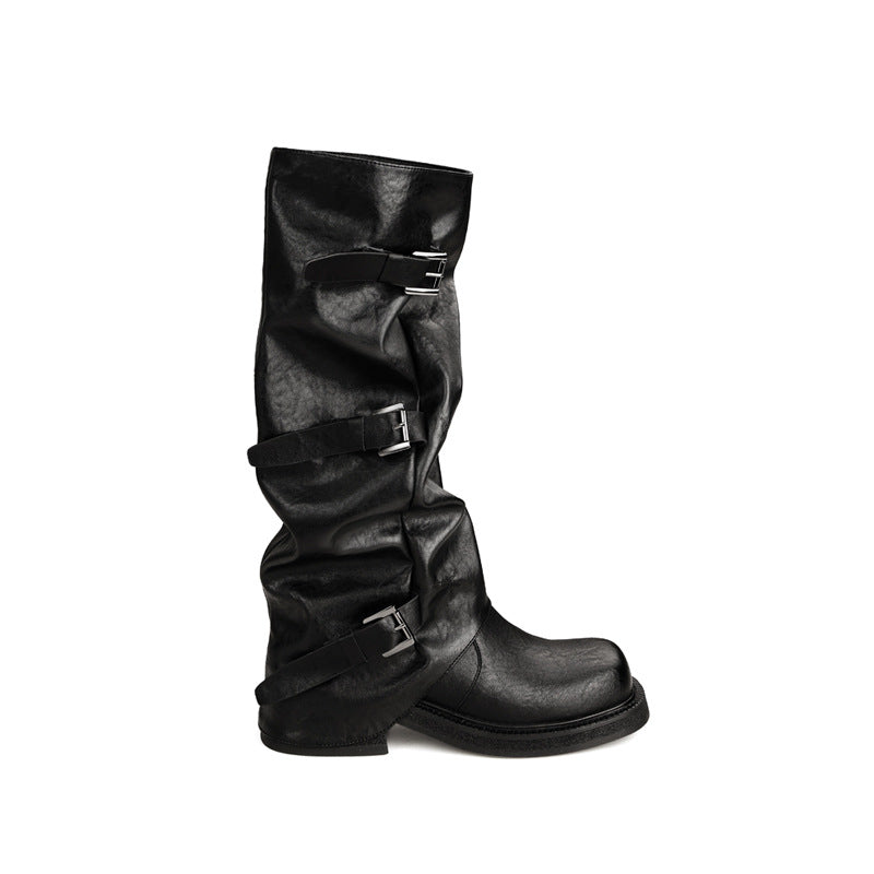 Platform Boots for Women | Autumn Niche Design, Belt Buckle Western Boots, Wrinkled Mid-Calf Slouch Boots, Genuine Faux Leather, Toe, Block Heel, Slip-on Closure