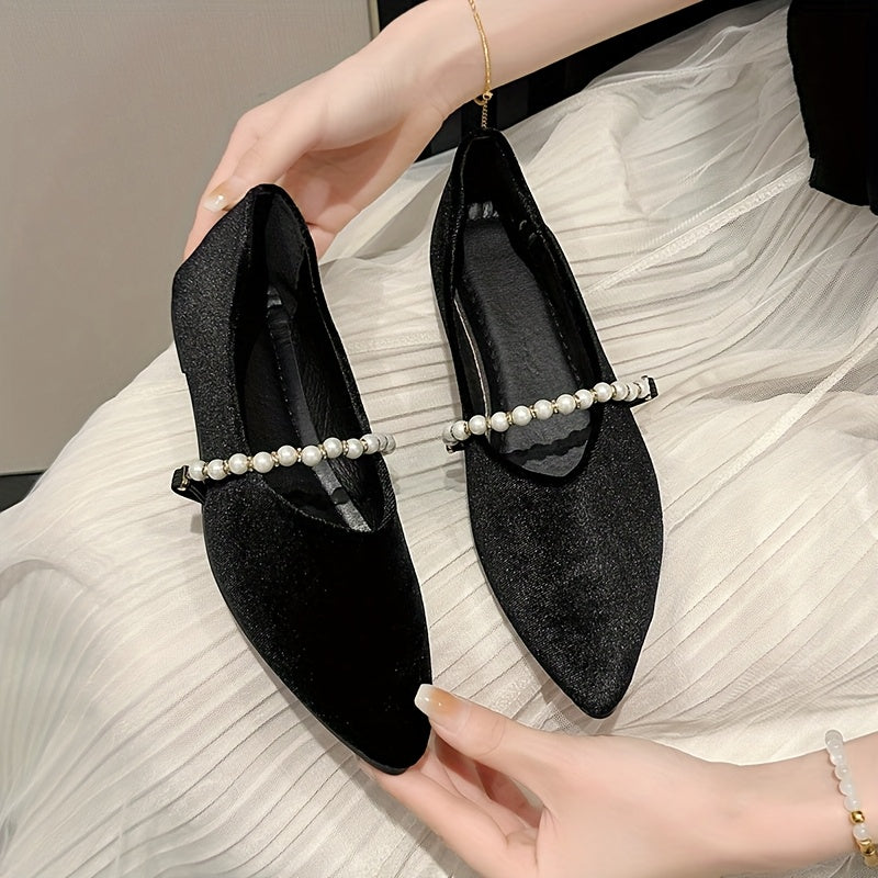 Women'S Elegant Pointed Toe Flats with Pearl Embellishments - Comfortable Fabric Slip-On Shoes for Office, Parties, and Formal Events, Office Shoes | Elegant Footwear | Comfortable Shoes