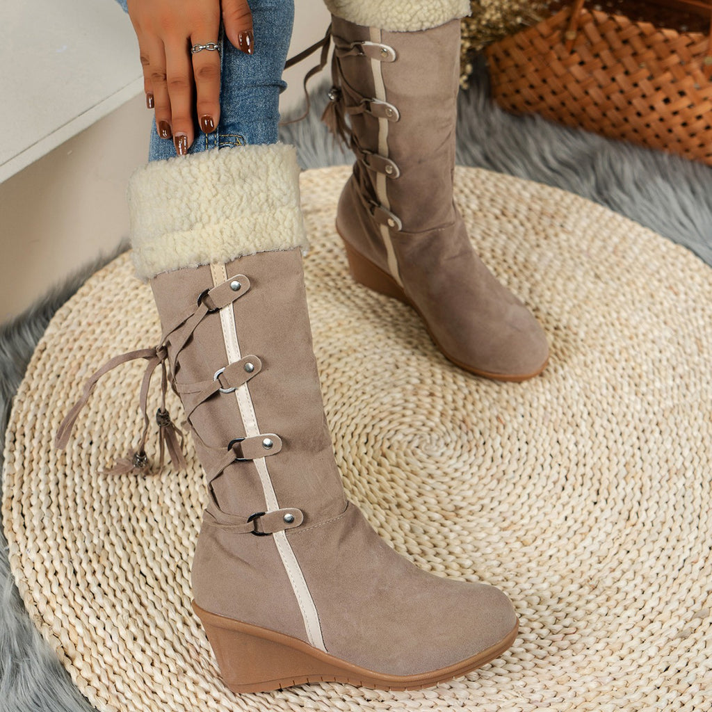 Women'S Fleece-Lined Knee-High Winter Boots with Wedge Heel - Warm Thermal Insulation, Round Toe & Chunky Heel, Slip-Resistant PVC Sole, Soft Fabric Upper & Cushioned Insole - Cozy Casual & Formal Footwear for Cold Weather (Brown