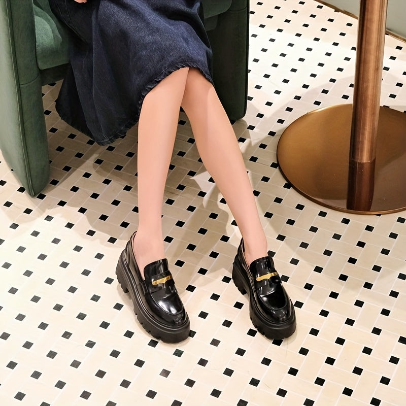 Classic Black & Golden Buckle Loafers with Light Brown Comfortable Cover Insole, Elegant Casual Commuter Shoes