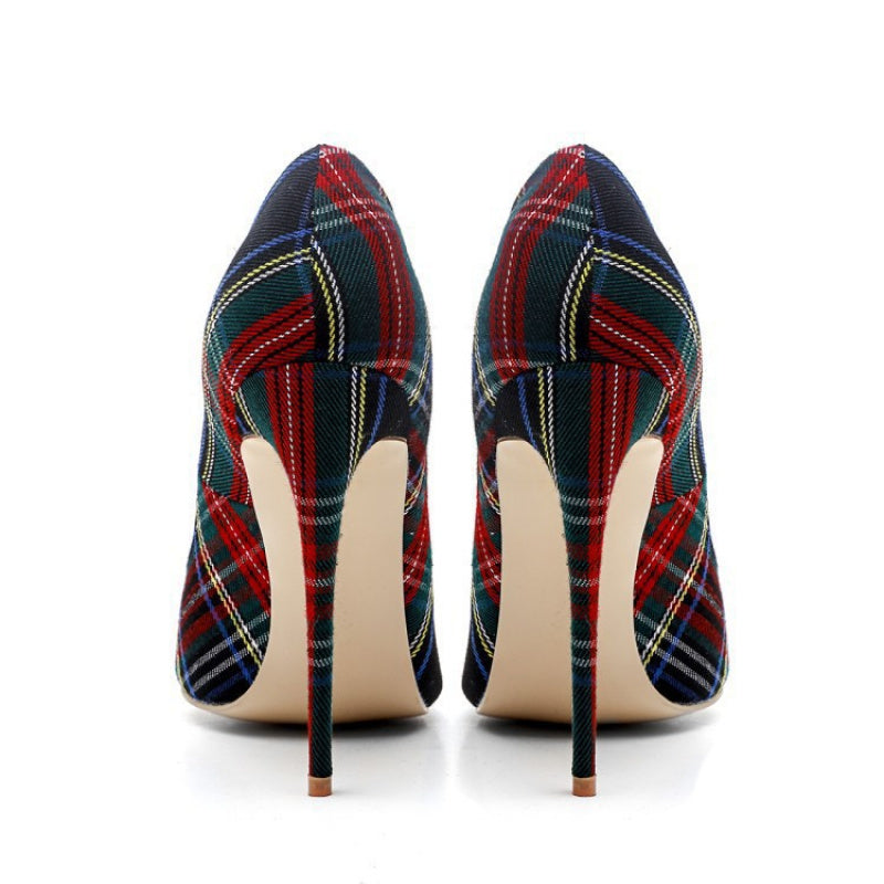 Ultra-High Stiletto Heels - Pointed-Toe Open-Back Pumps with Striped Plaid Fabric Upper, Matching s for Parties, Weddings, Business Events - Spring Footwear (Comfortable Insole & Rubber Sole)