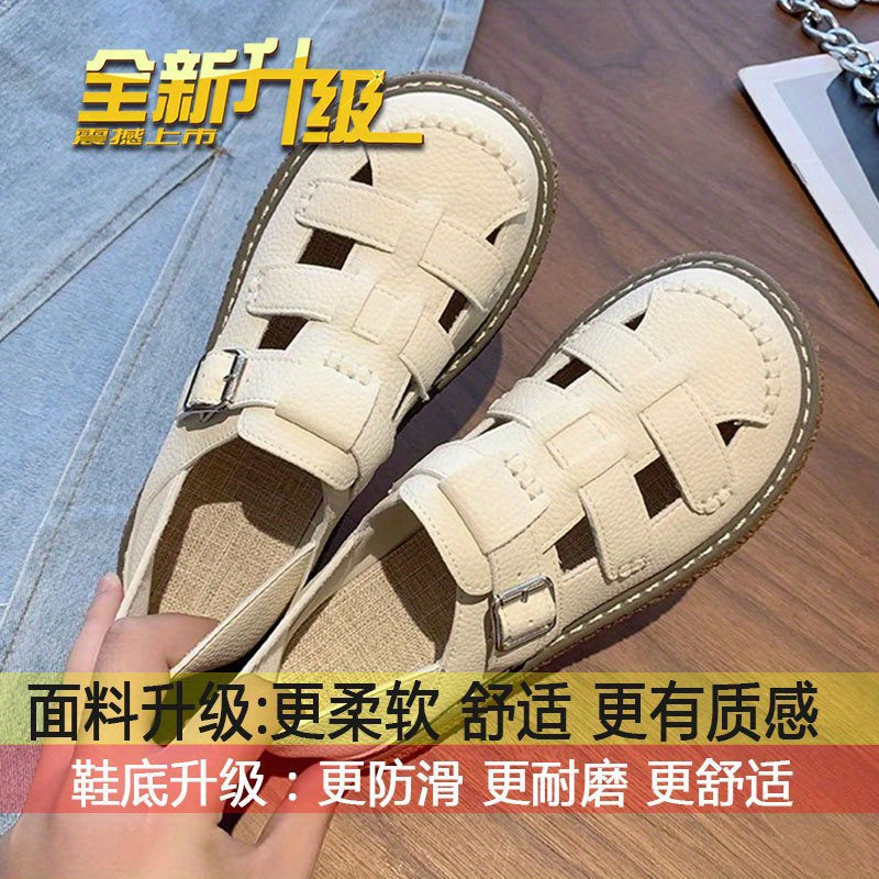 Women'S Slip-On Closed-Toe Sandals - Beige\u002FSoft Pink\u002F - Cushioned EVA Insole & Non-Slip Rubber Outsole - Pregnancy & Everyday Shoes - Korean Fashion Roman Sandals for Women, Comfortable Footwear, Retro Hollow Design, Breathable Footwear