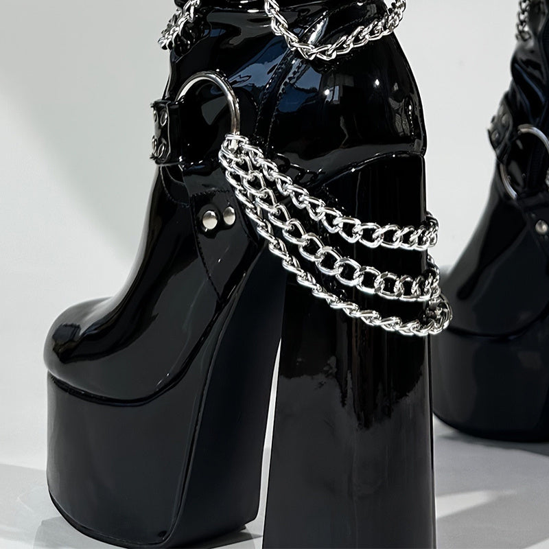 Women's Black Gothic Punk Platform Knee-High Boots with Thick Chunky Heels, Chain Strap & Buckle Closure - High Quality PU Round-Toe Zipper Boots for Themed Parties, Nightclub Outfits & Edgy Fashion (Sturdy Sole)