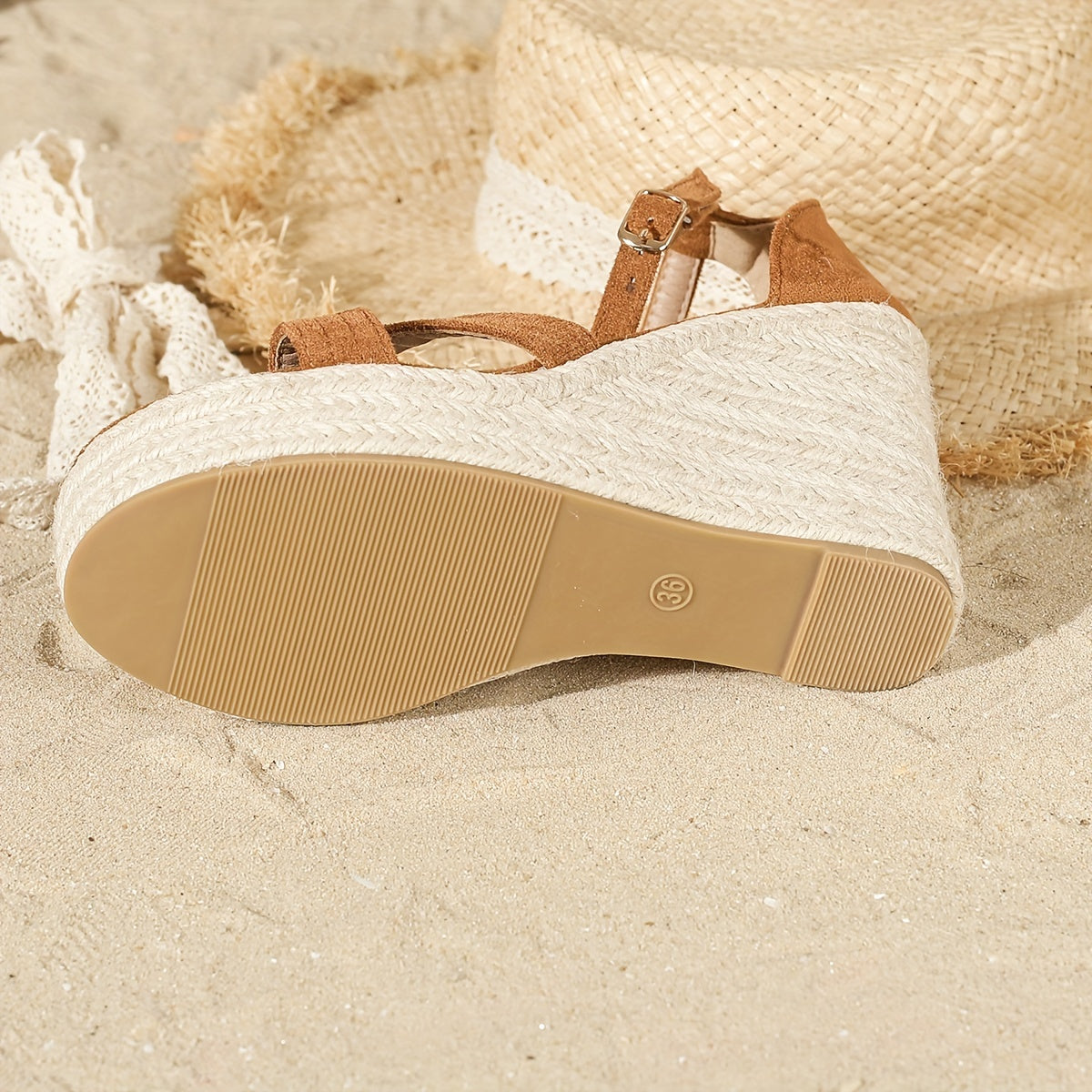 Women'S Stylish Brown Espadrille Wedge Sandals with Ankle Strap - Comfortable Round Toe High Heel, Lace-Up Design, Perfect for Beach or Casual Outings, Beach Footwear | Laceup Sandals | Espadrille Wedge