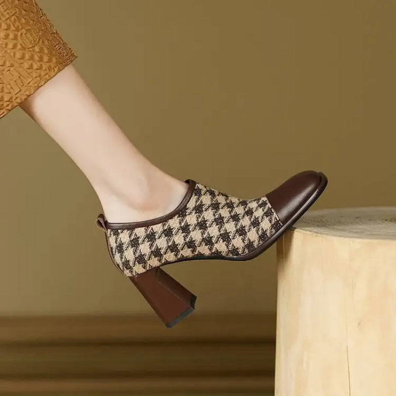 Women's Houndstooth Oxford Pumps - White\Black\Brown\Beige Mary Jane Shoes with Square Toe Block Heel, Cloud Insole & Golden-Like Accent - All-Season Office, Party, Wedding s (Zip Closure, Round-to-Square Heel)