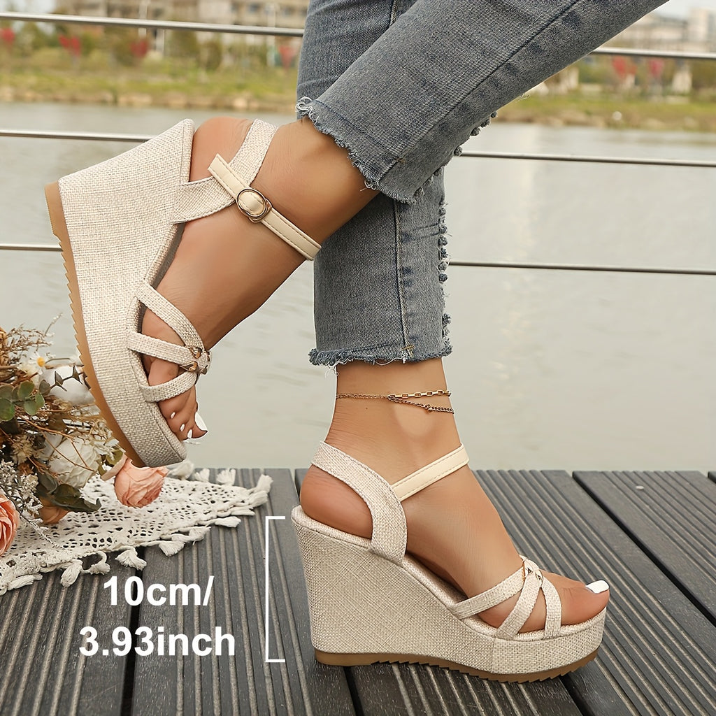 Women's Elegant Platform Wedge Sandals - Thick Platform Heels (Beige\u002F) with Ankle Strap & Buckle Closure, Open-Toe Summer Shoes, Cushioned TPR Sole & Beige - Lightweight s for Beach, Office, Casual Wear