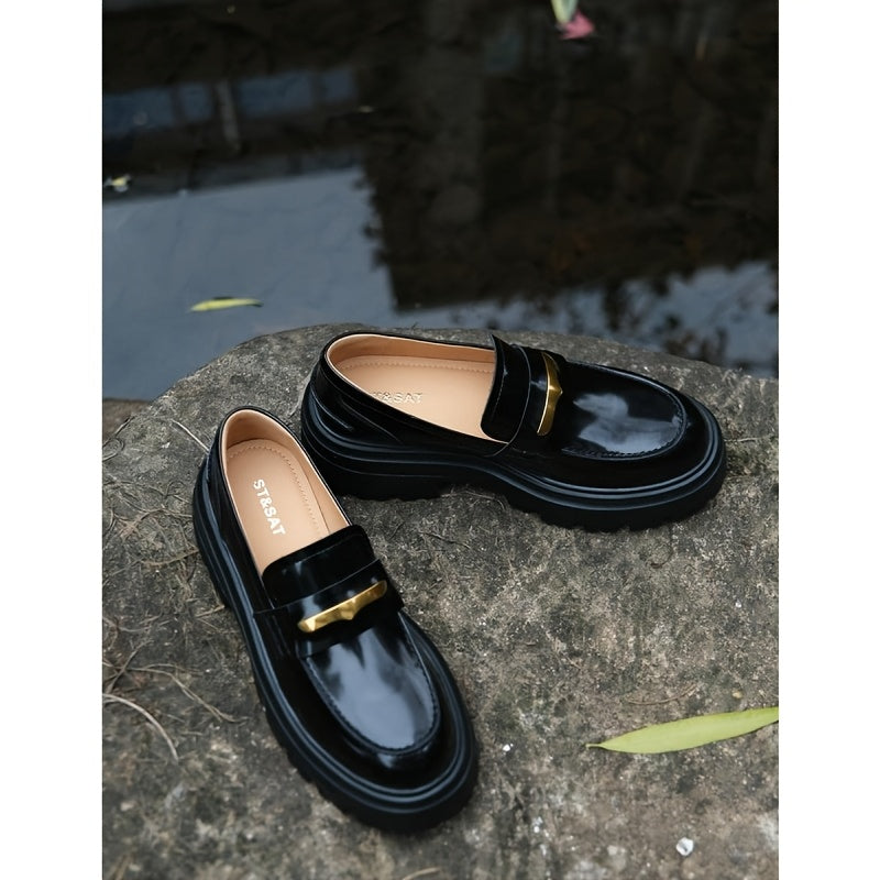 Classic Black & Golden Buckle Loafers with Light Brown Comfortable Cover Insole, Elegant Casual Commuter Shoes
