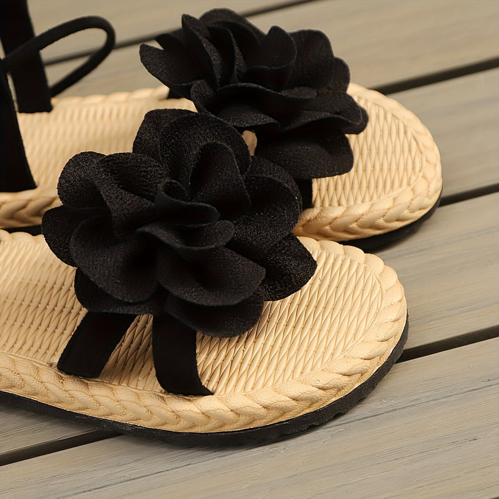 Women's Bohemian Black & Beige Floral Ankle Strap Sandals - Wide Strap Adjustable Lace-Up Open-Toe Wedding, Beach & Summer with Jumbo Sole - Breathable Boho Footwear for Vacation, Parties & Casual Outfits