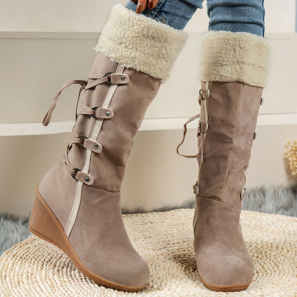 Women'S Fleece-Lined Knee-High Winter Boots with Wedge Heel - Warm Thermal Insulation, Round Toe & Chunky Heel, Slip-Resistant PVC Sole, Soft Fabric Upper & Cushioned Insole - Cozy Casual & Formal Footwear for Cold Weather (Brown