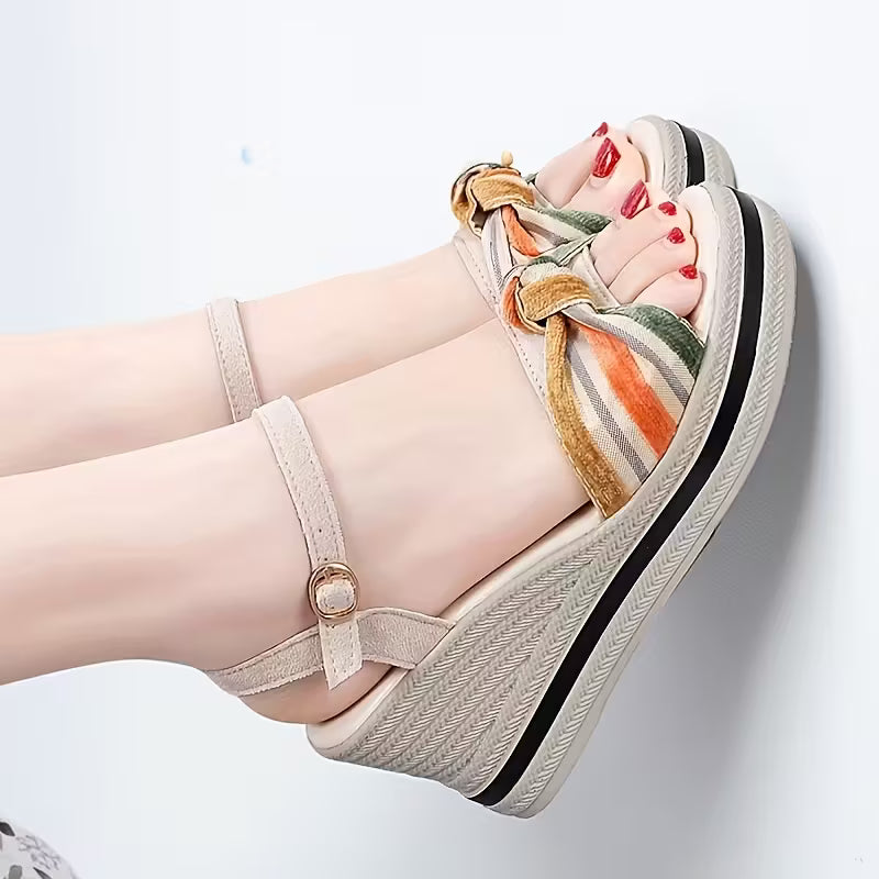 Women'S Wedge Sandals with a Bow-Tie Ankle Strap, Casual Summer Sandals Featuring a Thick Platform, Comfortable Lining, Decorative Buckle, And Durable Stylish Design for The Summer.