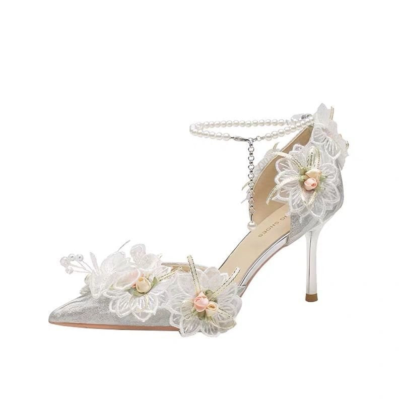 Women's & ' Korean-Style Stiletto Heels - Elegant & Lace Accent Pointed-Toe High Heels, Cushioned Insole & PU, All-Day for Weddings, Parties, Performances - Korean Fashion Pumps (Year-Round Wear)