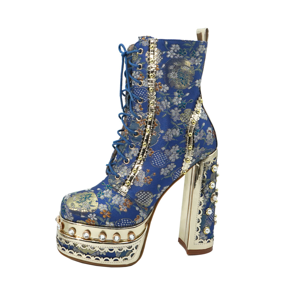 Women's Floral Fabric Thick Platform High Heel Ankle Boots with Square Toe, Zipper Closure & PU Sole - Blue & Golden Luxury Fashion Boots for Parties, Events, High Heel Boots, Party Footwear, Durable Construction, Stylish Women
