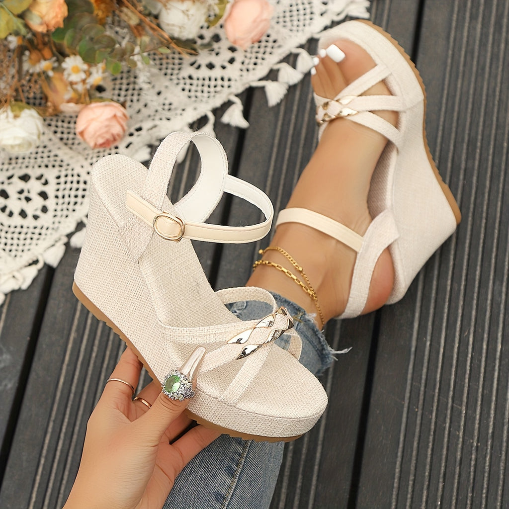 Women's Elegant Platform Wedge Sandals - Thick Platform Heels (Beige\u002F) with Ankle Strap & Buckle Closure, Open-Toe Summer Shoes, Cushioned TPR Sole & Beige - Lightweight s for Beach, Office, Casual Wear