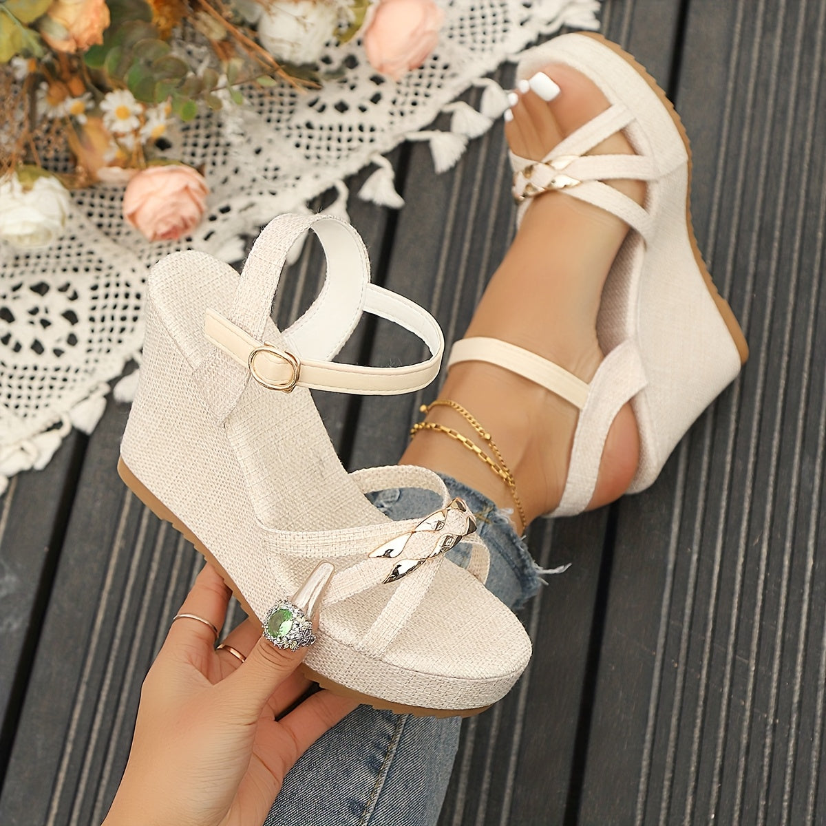 Women's Elegant Platform Wedge Sandals - Thick Platform Heels (Beige\u002F) with Ankle Strap & Buckle Closure, Open-Toe Summer Shoes, Cushioned TPR Sole & Beige - Lightweight s for Beach, Office, Casual Wear