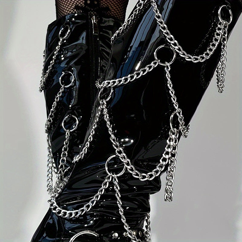 Women's Black Gothic Punk Platform Knee-High Boots with Thick Chunky Heels, Chain Strap & Buckle Closure - High Quality PU Round-Toe Zipper Boots for Themed Parties, Nightclub Outfits & Edgy Fashion (Sturdy Sole)