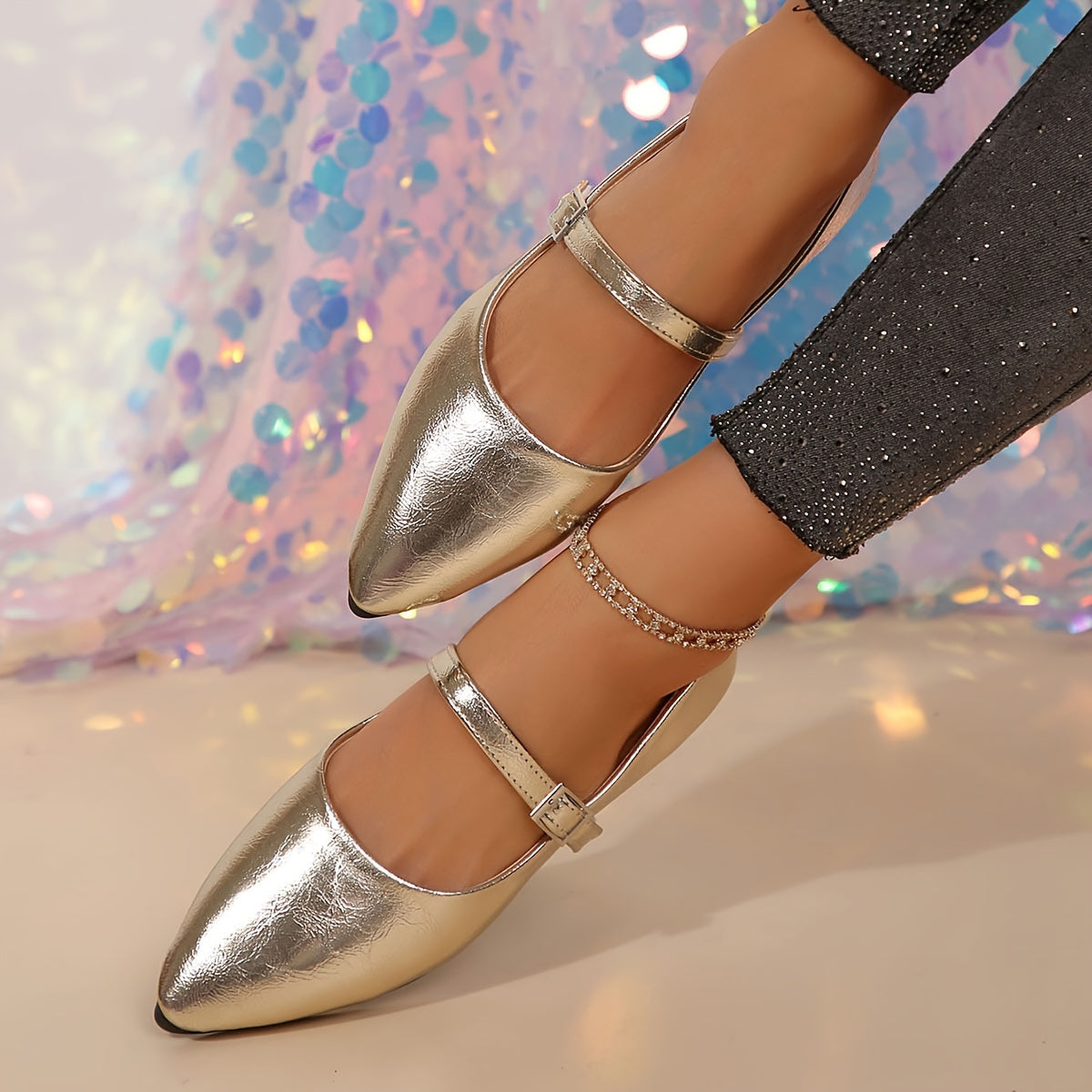 Women's Metallic Golden Pointed-Toe Flats - Elegant Synthetic Cover Shoes with Soft Rubber Sole, Ankle Strap for Dresses & Casual Wear, Dressy Occasion Shoes | Sleek Metallic Finish | Rubber Sole Footwear, Ladies Shoes