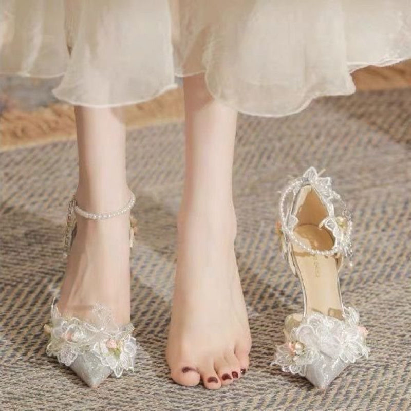 Women's & ' Korean-Style Stiletto Heels - Elegant & Lace Accent Pointed-Toe High Heels, Cushioned Insole & PU, All-Day for Weddings, Parties, Performances - Korean Fashion Pumps (Year-Round Wear)