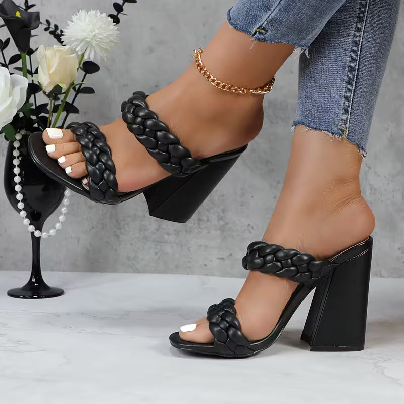 Women's Slip-On Block Heel Mules - Platform Sandals with Thick Heels, Cushioned Insole - Backless Open-Toe Party Shoes for Women - Formal & Casual Events - Glossy PU Cover - GLAZE Women's Footwear, Elegant Shoe Design