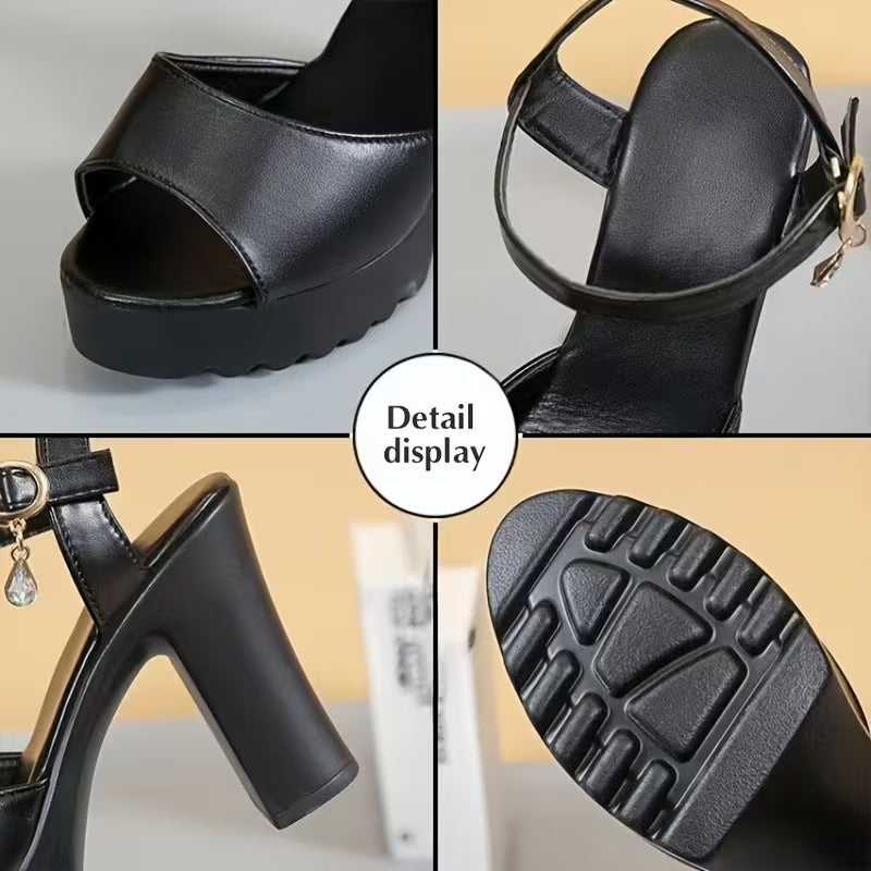 Chunky High Heel Sandals | Women's Elegant Open-Toe Summer Shoes with Adjustable Buckle Strap, PU Cover Upper & TPR Sole for Beach Walks, Parties, Travel