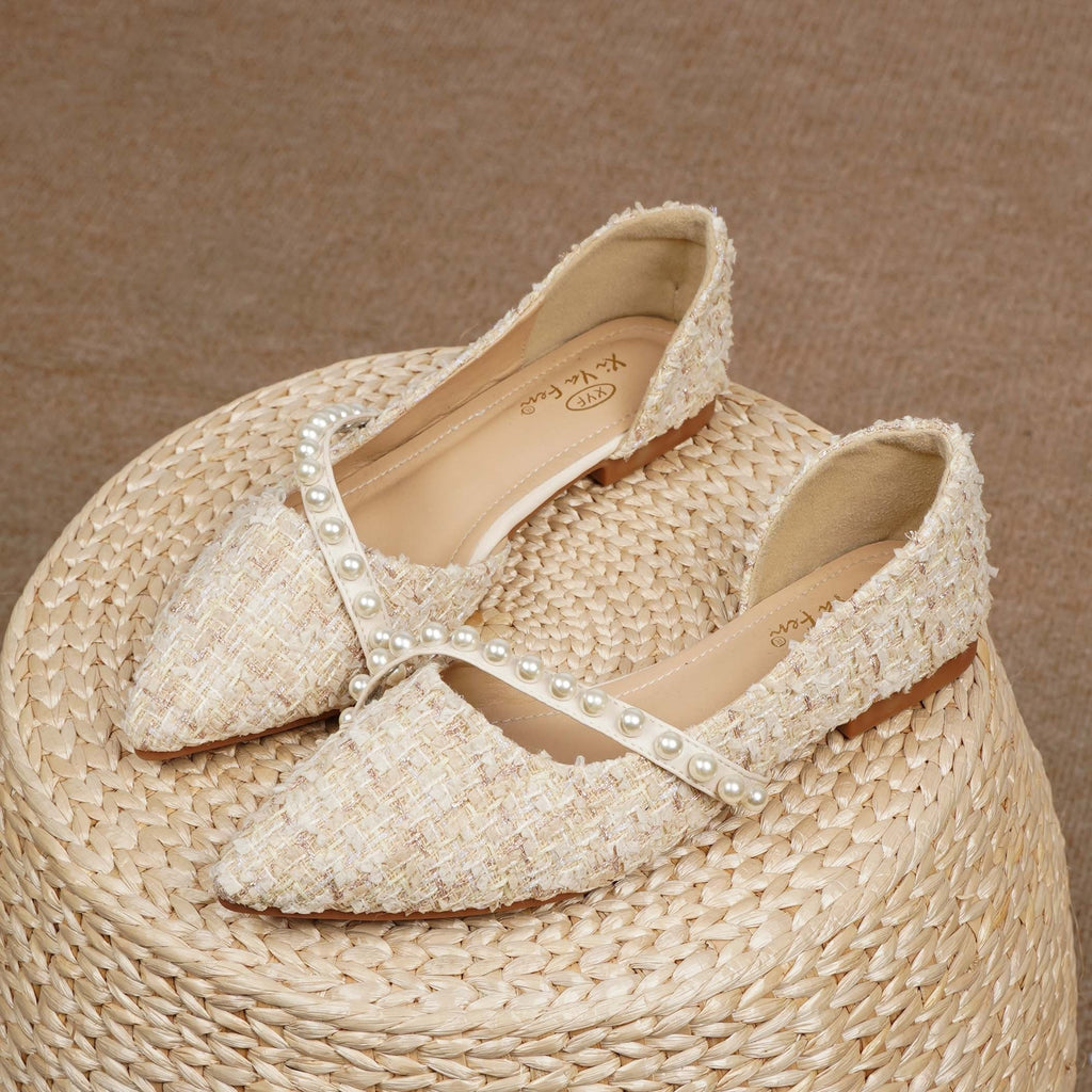 Faux Pearl Decor Flat Shoes Elegant Lightweight Women's Faux Pearl Decor Flat Shoes - Comfortable Point Toe Slip On Shoes