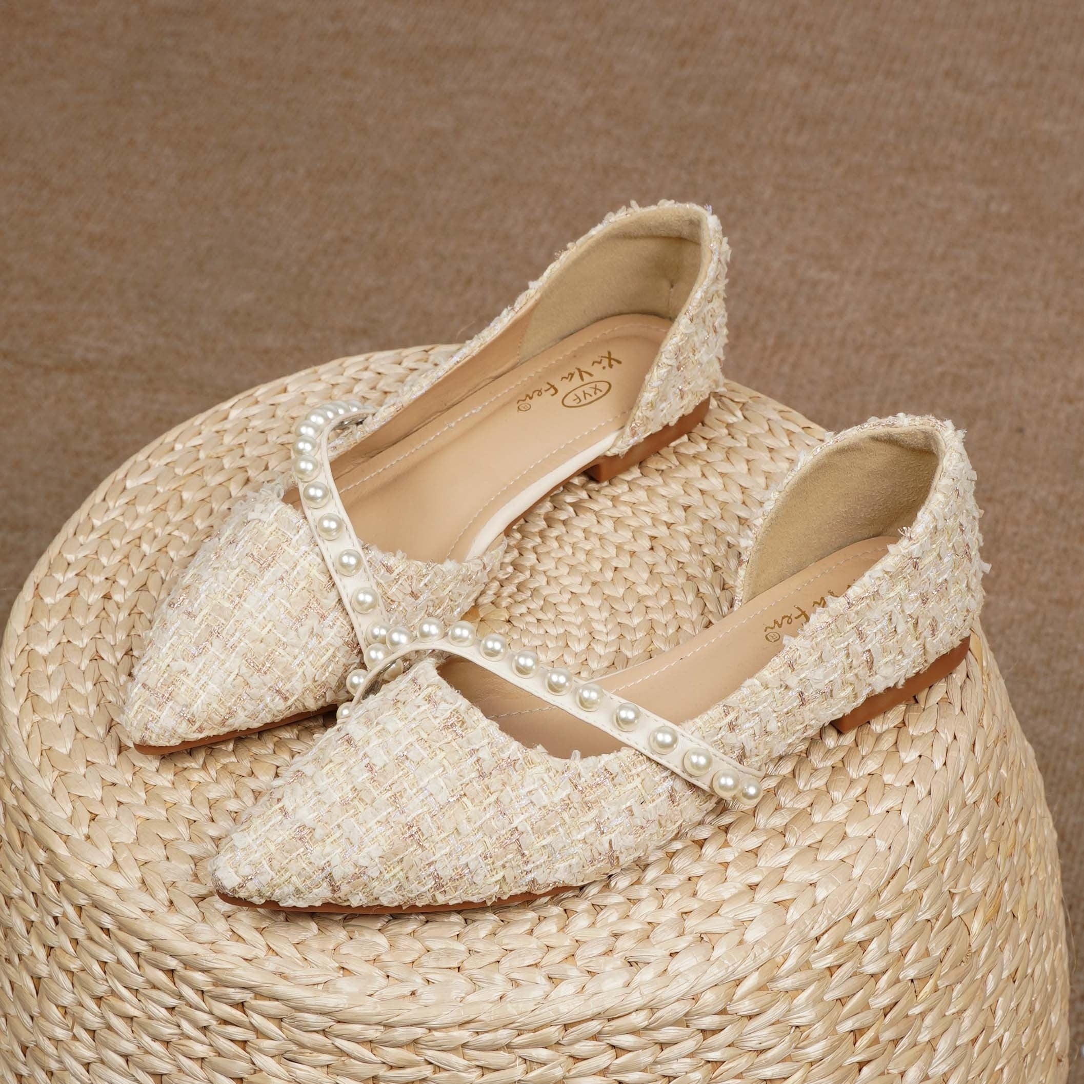 Faux Pearl Decor Flat Shoes Elegant Lightweight Women's Faux Pearl Decor Flat Shoes - Comfortable Point Toe Slip On Shoes