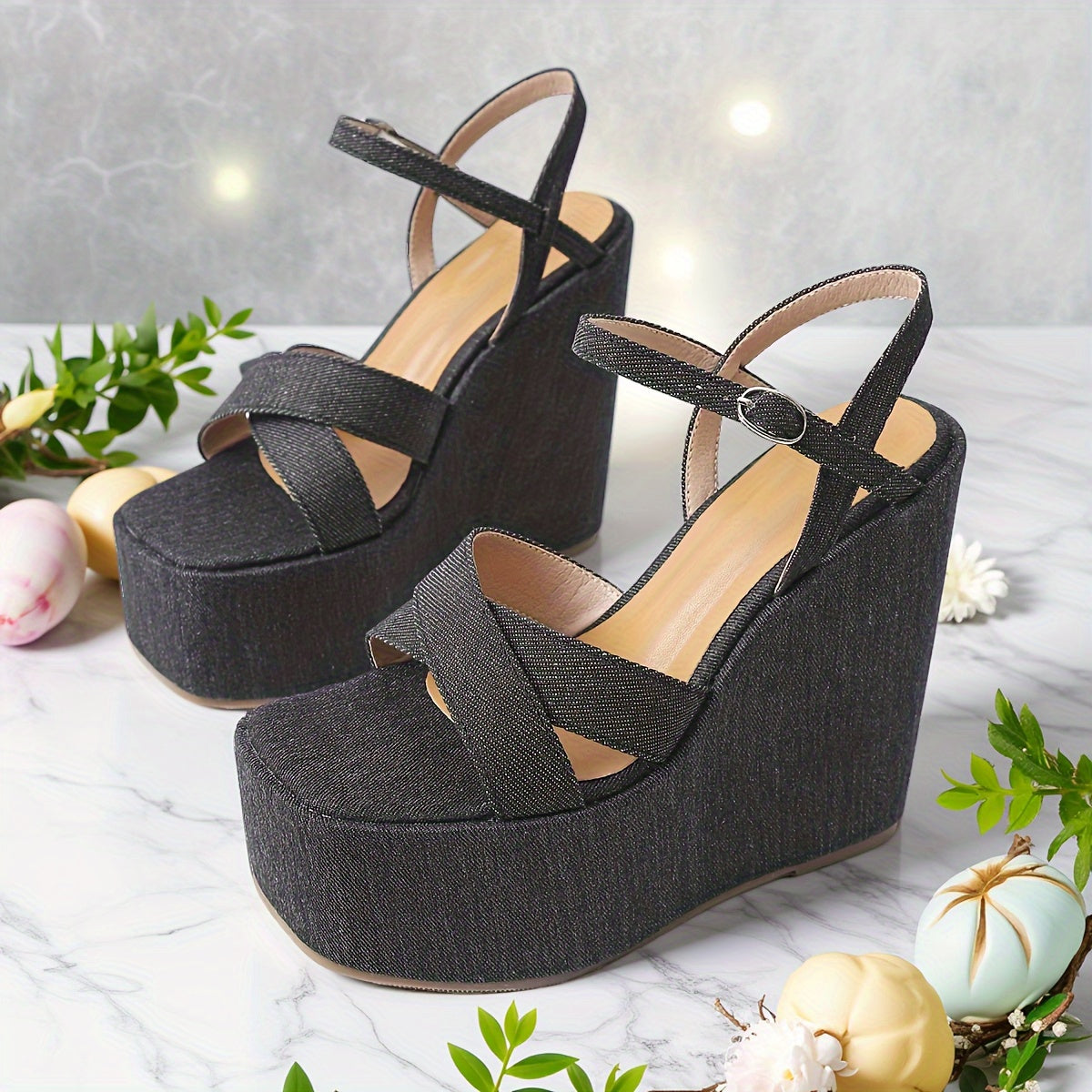 New Summer Trendy Fashion Open-Toe Women'S Wedge Sandals, Featuring a Solid Color Design with a Thick Platform And Base, Comfortable And Versatile High-Heeled Sandals That Add Height.