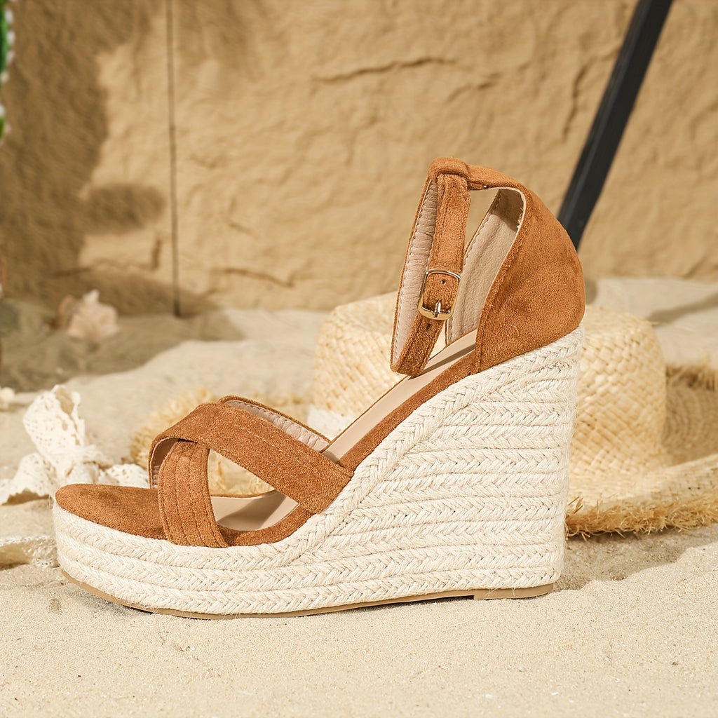 Women'S Stylish Brown Espadrille Wedge Sandals with Ankle Strap - Comfortable Round Toe High Heel, Lace-Up Design, Perfect for Beach or Casual Outings, Beach Footwear | Laceup Sandals | Espadrille Wedge