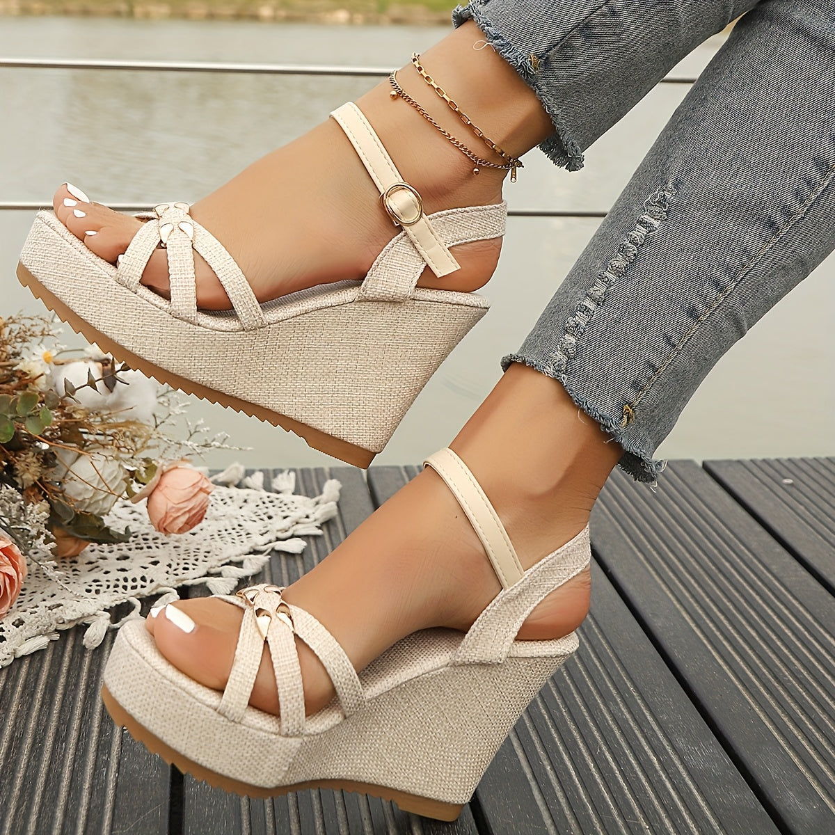 Women's Elegant Platform Wedge Sandals - Thick Platform Heels (Beige\u002F) with Ankle Strap & Buckle Closure, Open-Toe Summer Shoes, Cushioned TPR Sole & Beige - Lightweight s for Beach, Office, Casual Wear