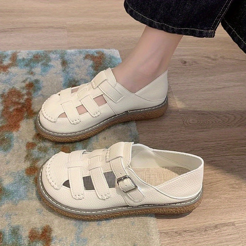 Women'S Slip-On Closed-Toe Sandals - Beige\u002FSoft Pink\u002F - Cushioned EVA Insole & Non-Slip Rubber Outsole - Pregnancy & Everyday Shoes - Korean Fashion Roman Sandals for Women, Comfortable Footwear, Retro Hollow Design, Breathable Footwear