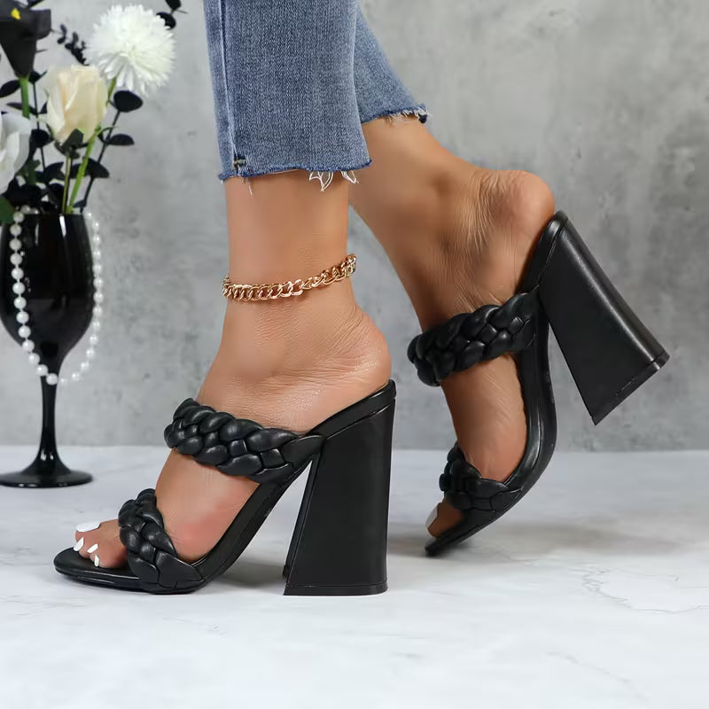 Women's Slip-On Block Heel Mules - Platform Sandals with Thick Heels, Cushioned Insole - Backless Open-Toe Party Shoes for Women - Formal & Casual Events - Glossy PU Cover - GLAZE Women's Footwear, Elegant Shoe Design