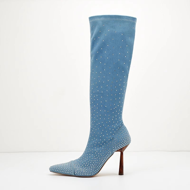 Women'S High Heel Square Toe Over-Knee Boots - Slip-On Stiletto Heels, Glossy Faux Cover Upper, All-Season Formal & Everyday Shoes for Parties, Weddings, Office, Party Footwear