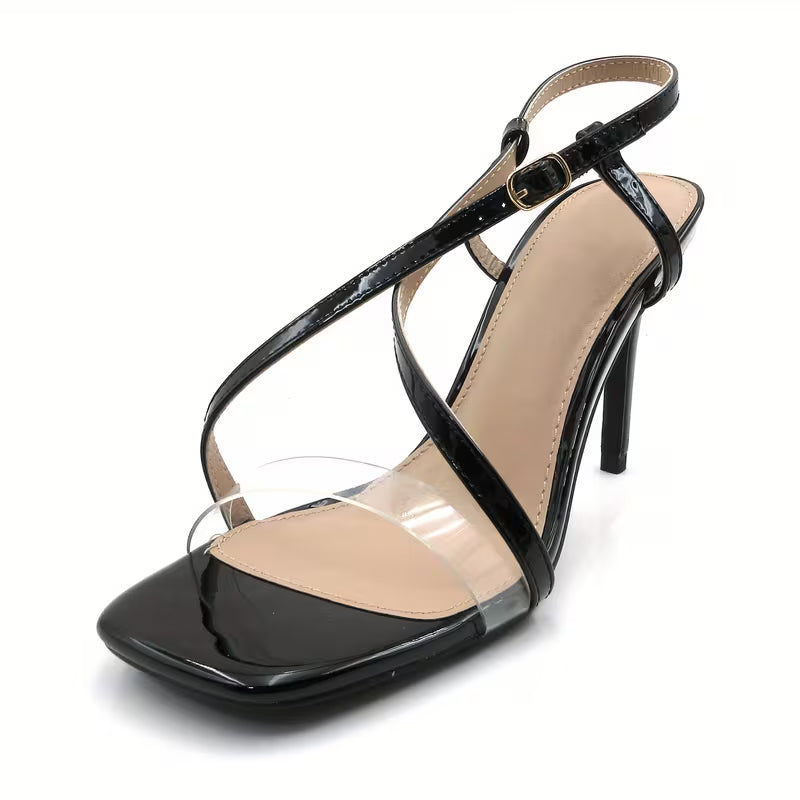 Women's 4 Inch Stiletto Slingback Sandals - Square Toe Ankle Strap High Heels with Buckle Closure, Glossy PVC/PU Synthetic Cover Elegant Wedding/Prom/Dating Shoes for Summer, Durable Rubber Sole